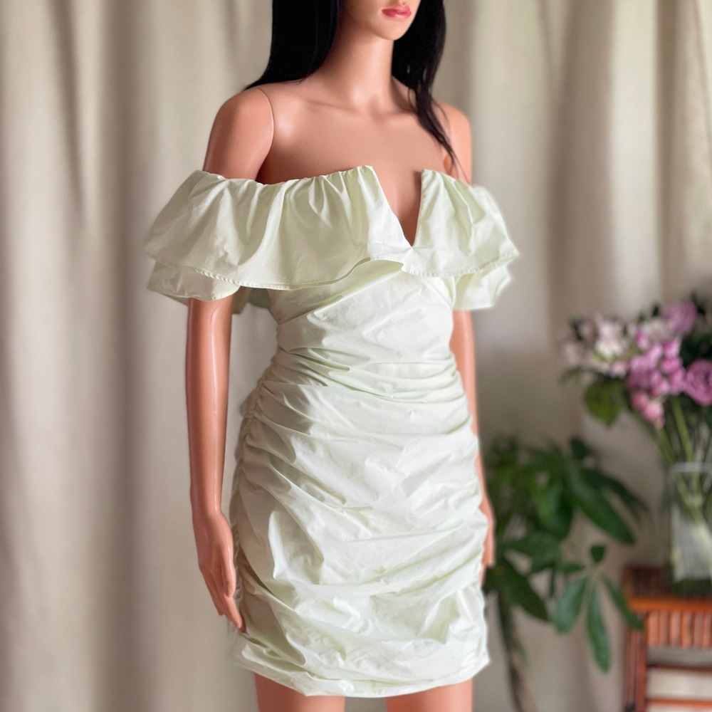 Maeve Anthropologie Light Green Ruched Off Shoulder Mini Dress Coquette Size 10P